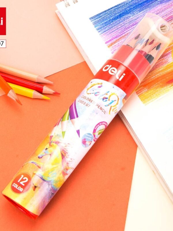 EC00307-0 ديلي أقلام تلوين خشبي طويل - كالاران علبة اسطوانية مع غطاء بمبراة - 12 لون EC00307